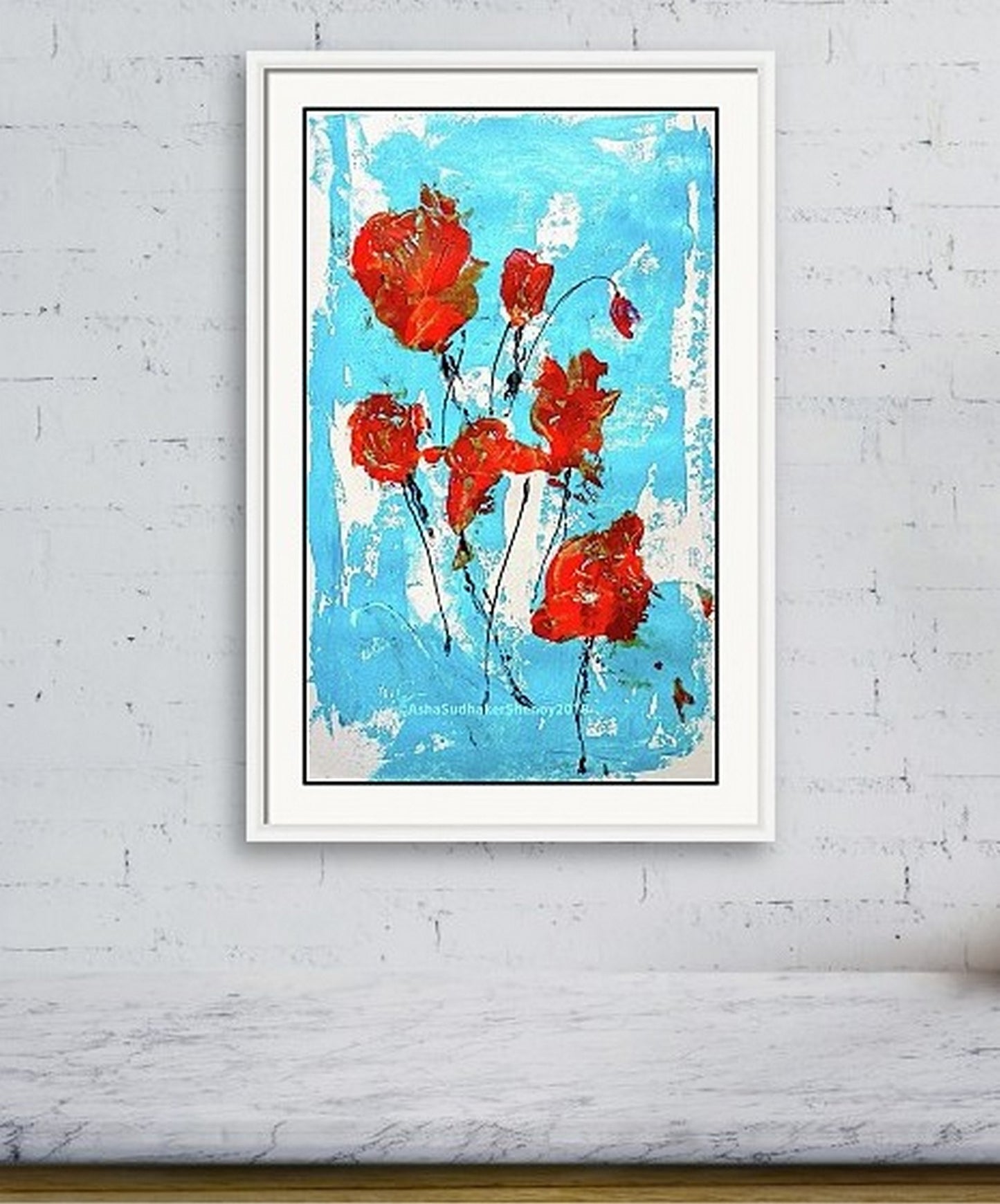 Virtual framed view Red roses Abstract painting