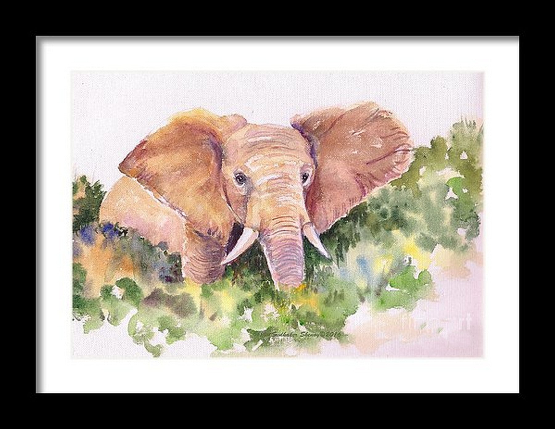 African elephant watercolor painting in a virtual frame