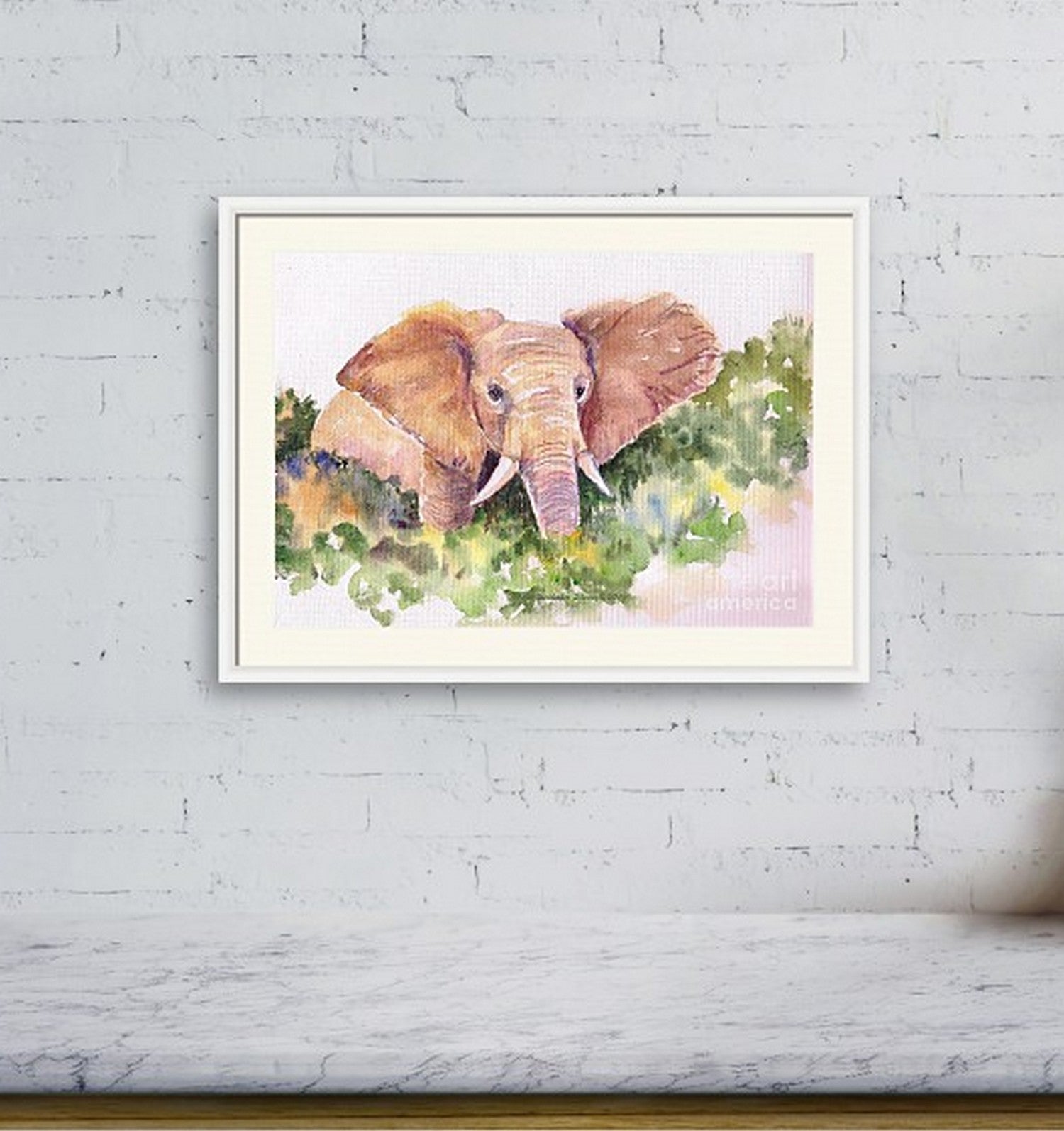 African elephant watercolor painting wall view  in a virtual frame