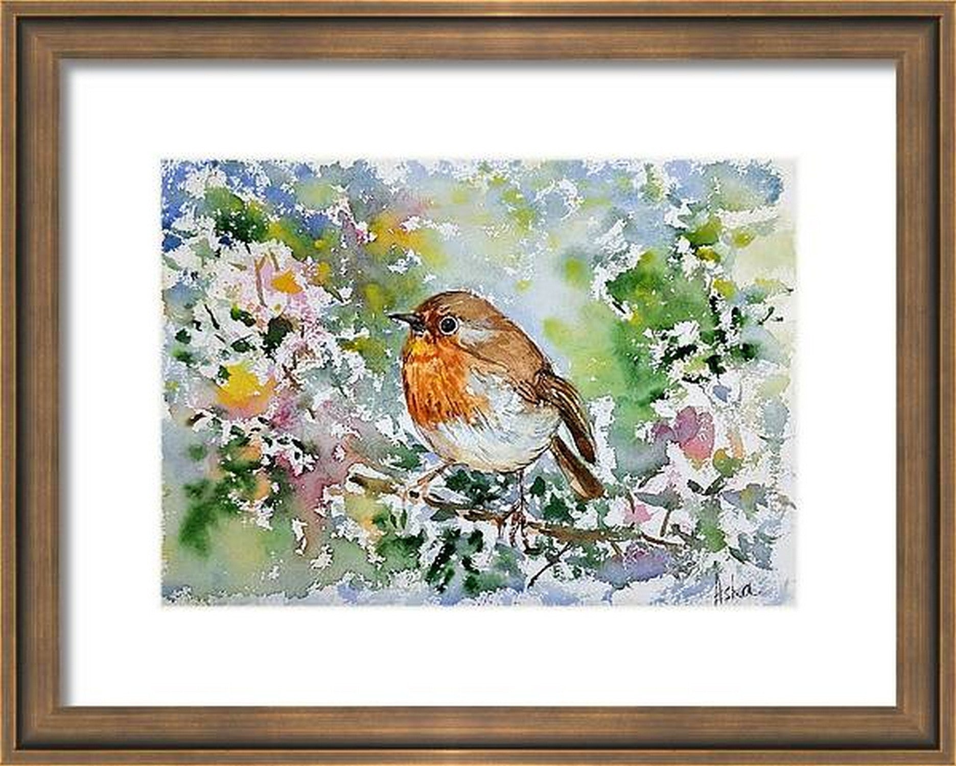 Virtual frame view Cute Robin on the tree, Bird wall art in watercolors