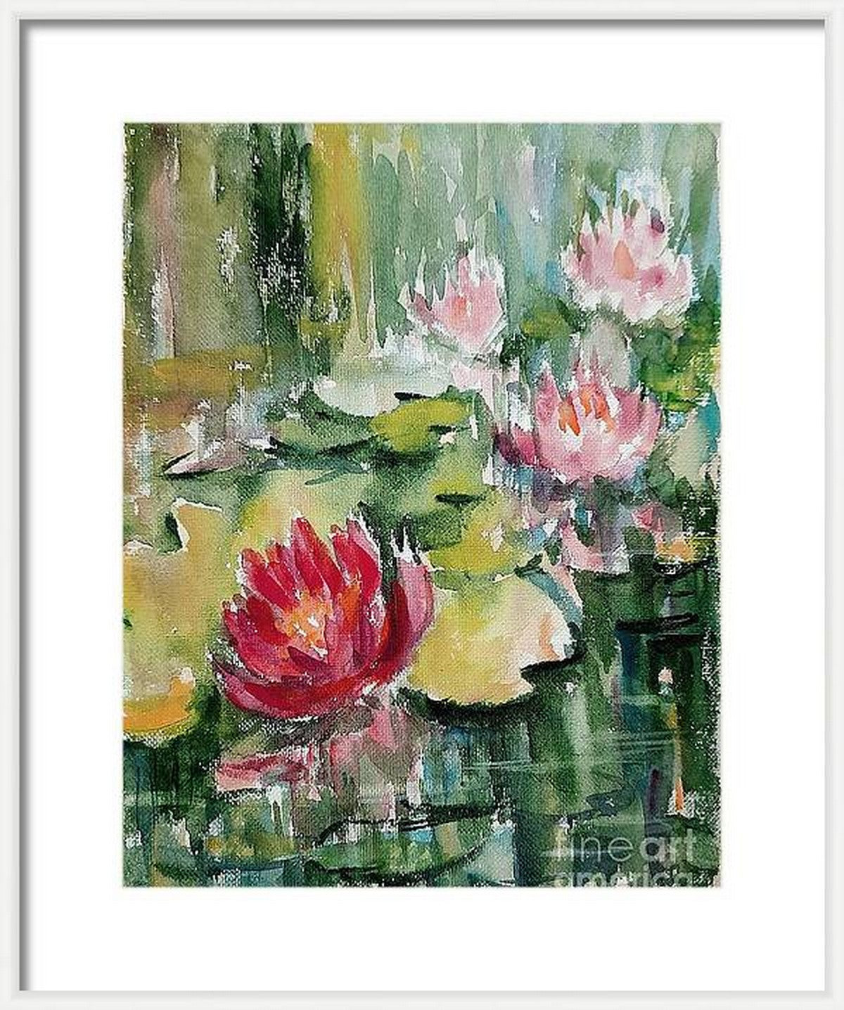 Art mural aquarelle Lotus Pond rouge et rose