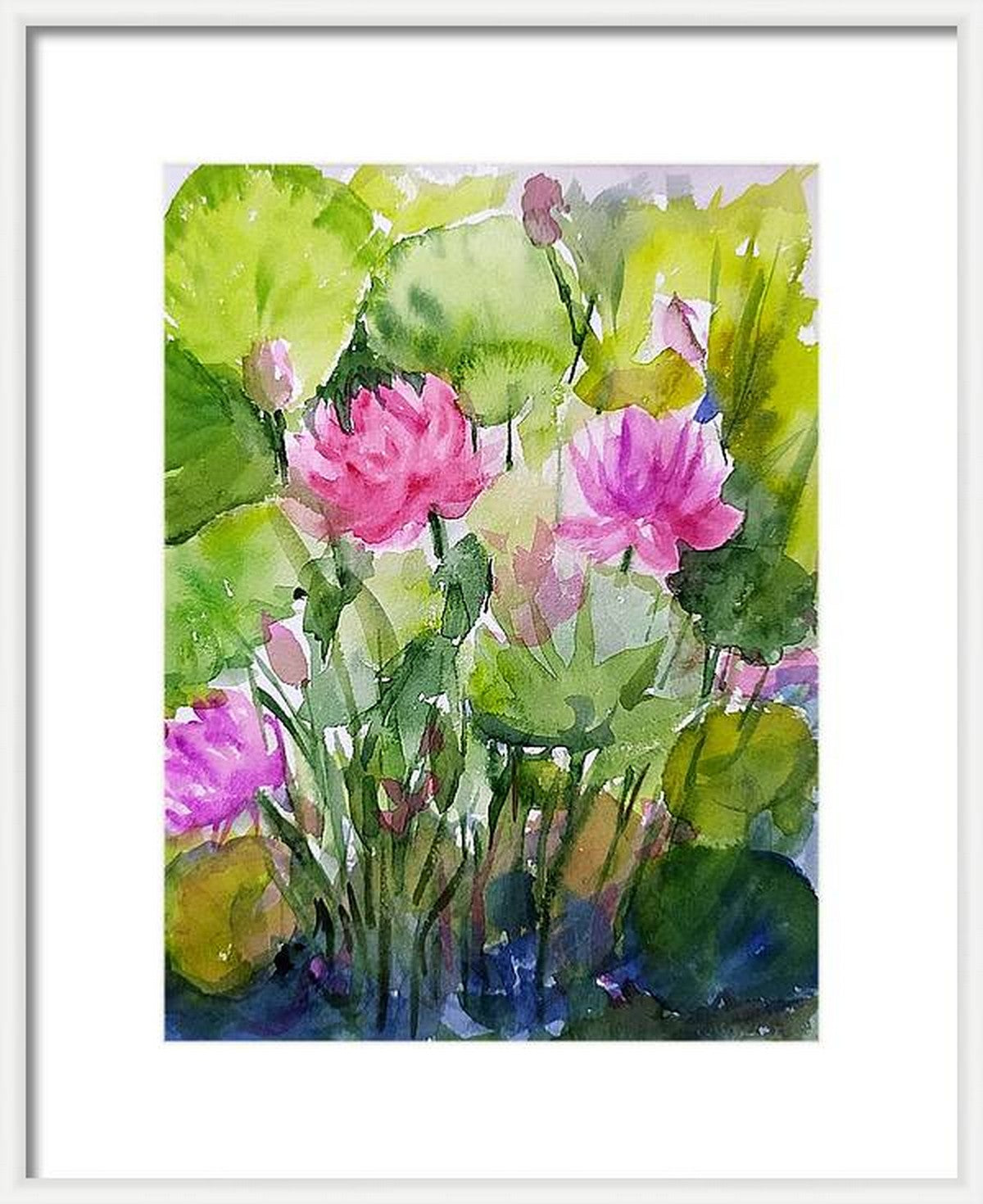 A Pink Lotus Pond, watercolor art in a virtual frame
