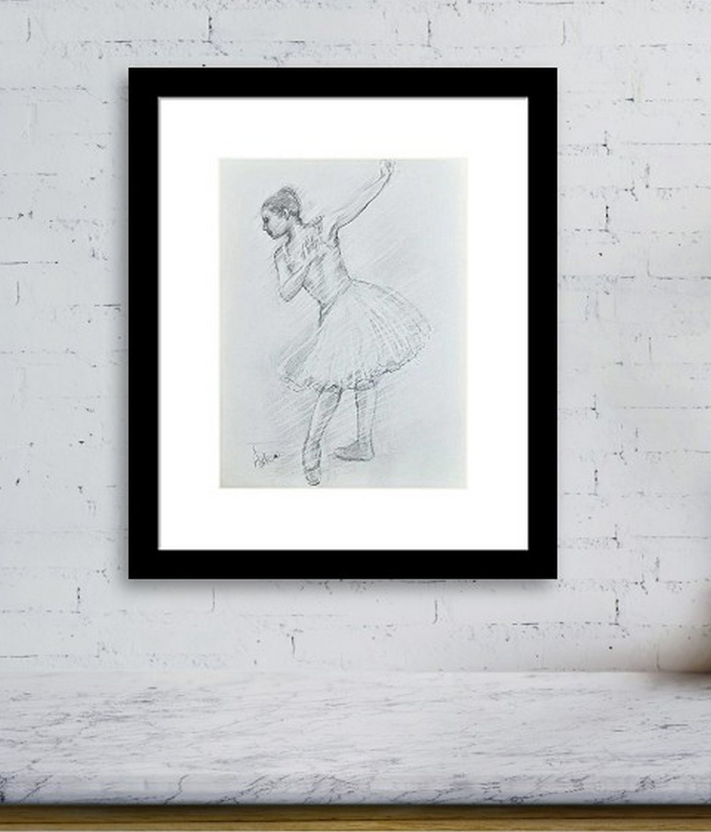 Ballerina pencil drawing in a virtual frame & setting