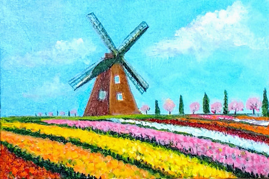 Windmills and Tulips of Holland, Acrylic miniature on canvas