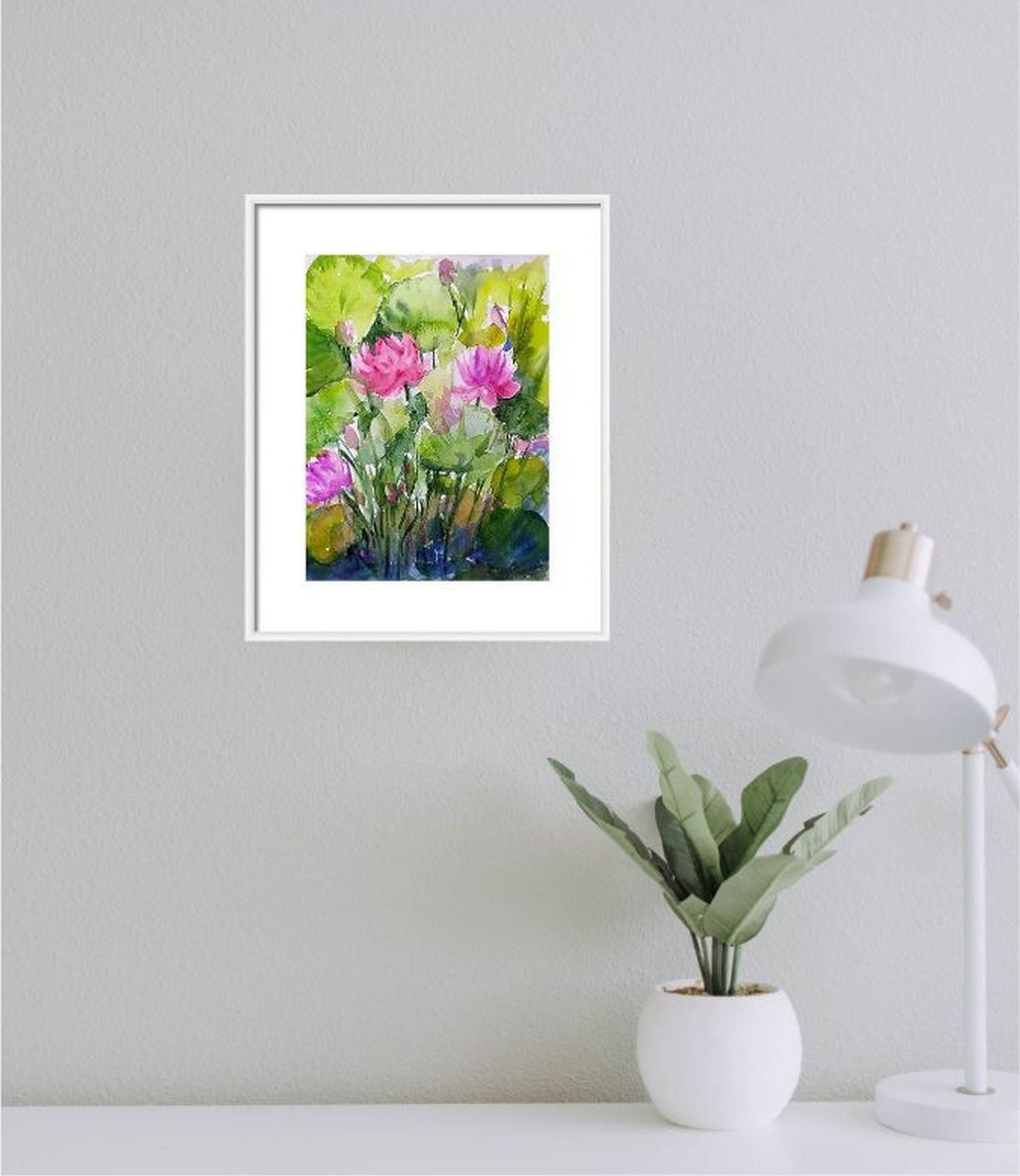 A Pink Lotus Pond, watercolor art in a virtual frame in a virtual setting