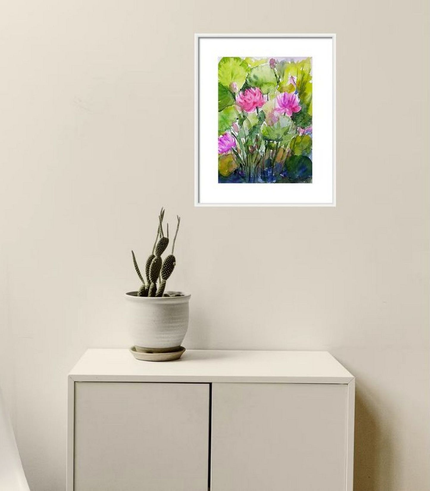 A Pink Lotus Pond, watercolor art in a virtual frame in a virtual setting