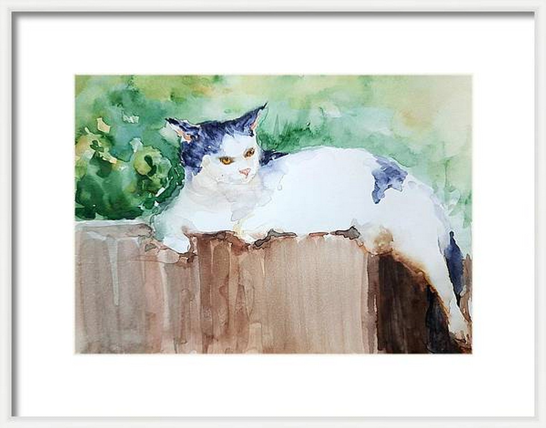 Virtual frame view Cat on the wall, watercolor painting