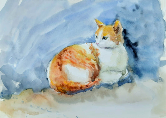 Orange and White tabby cat,  Adopted Stray watercolor painting