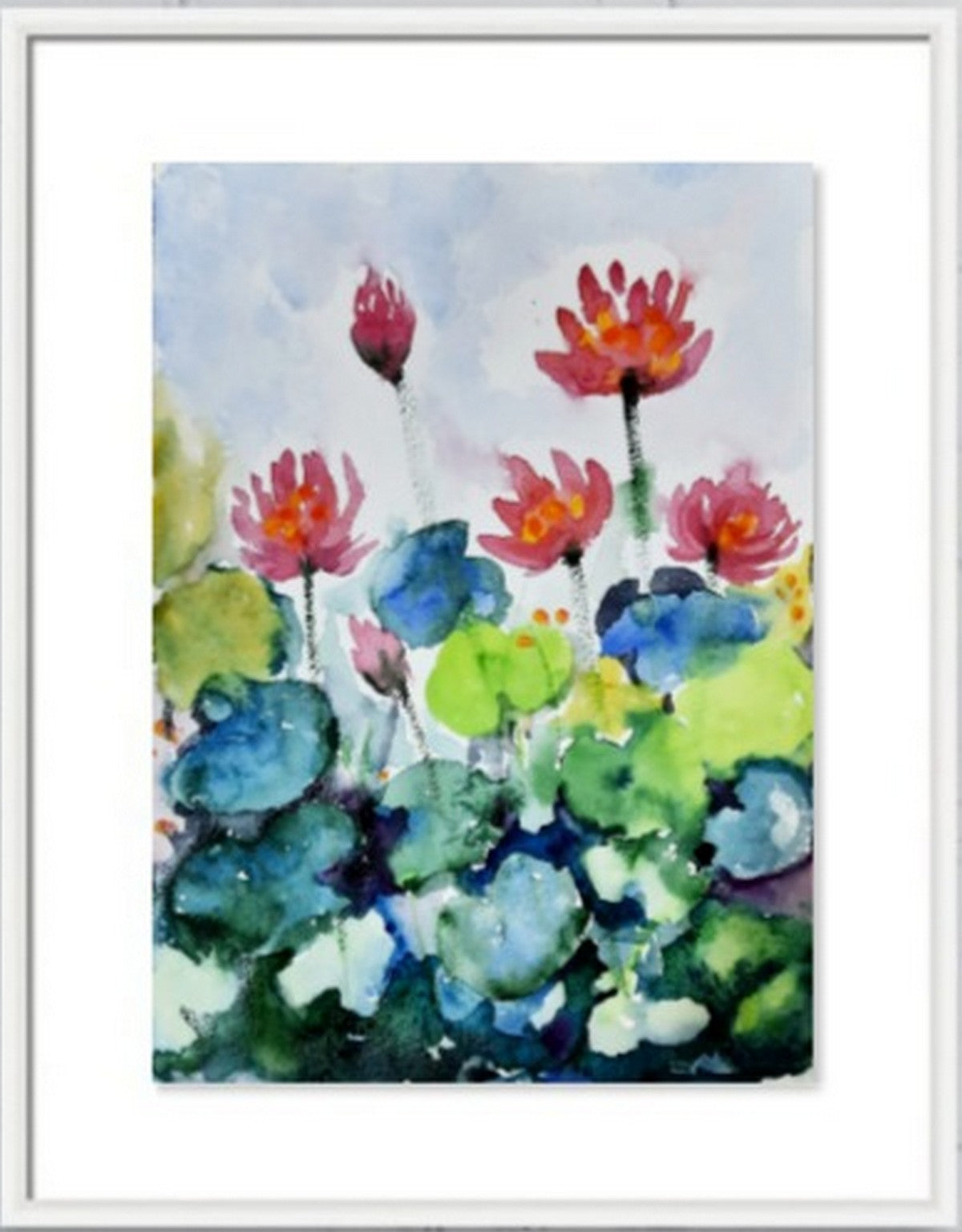 crimson water lilies watercolor painting virtual frame