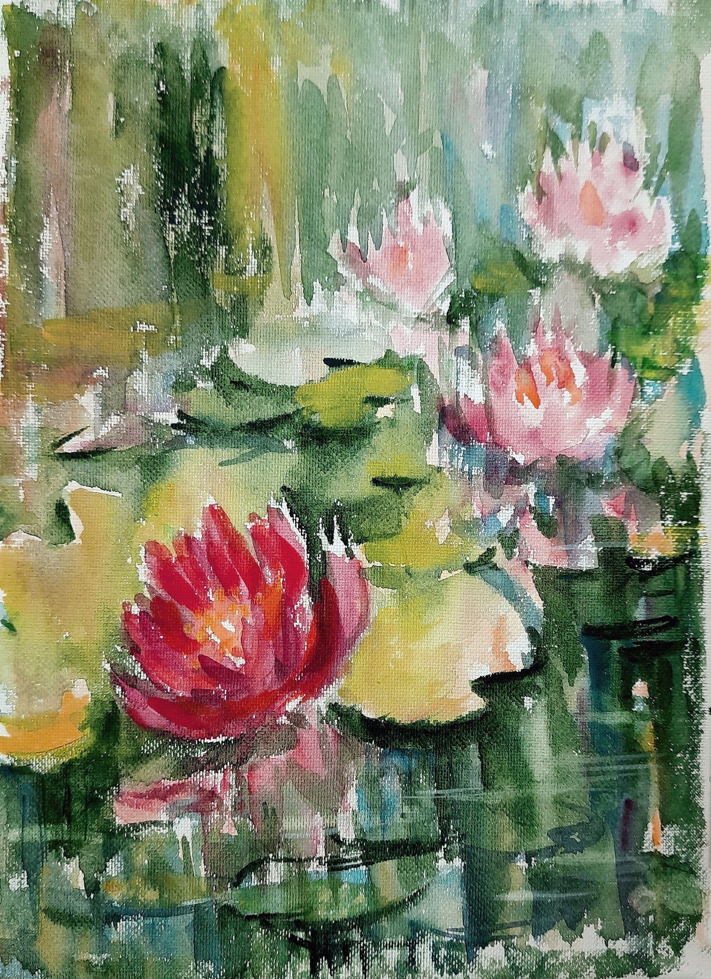 Art mural aquarelle Lotus Pond rouge et rose