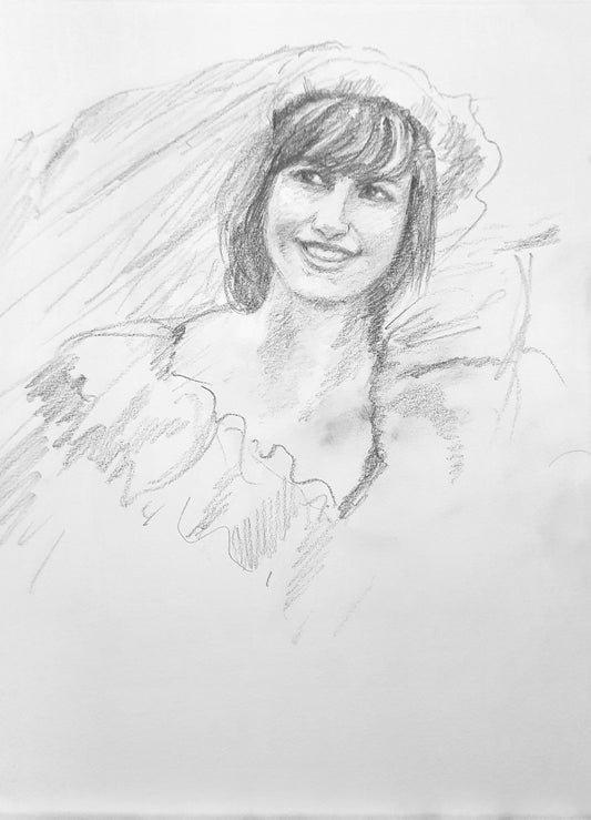 Happy bride, pencil sketch on paper