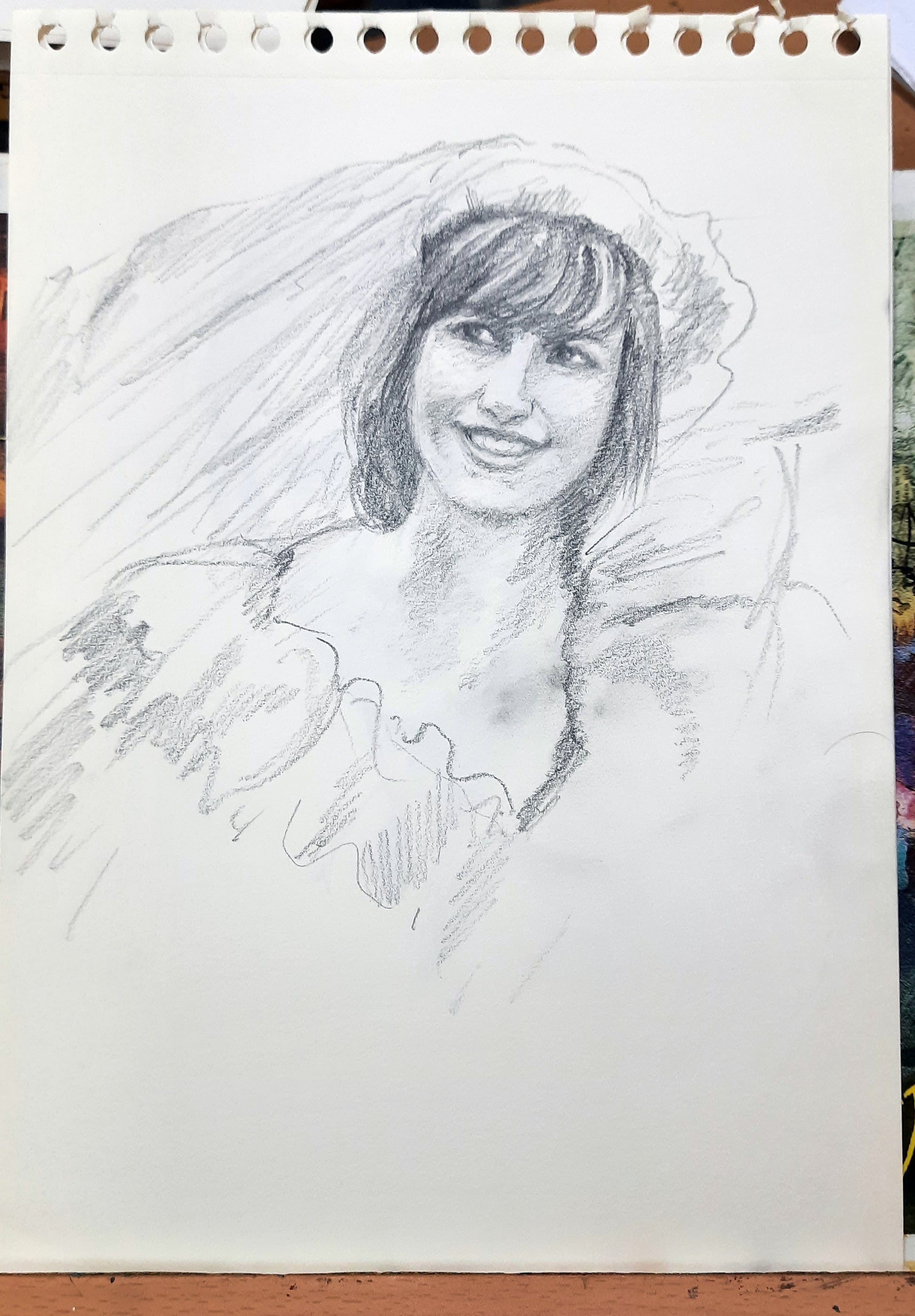 Studio work in progress, Happy bride, pencil sketch on paper