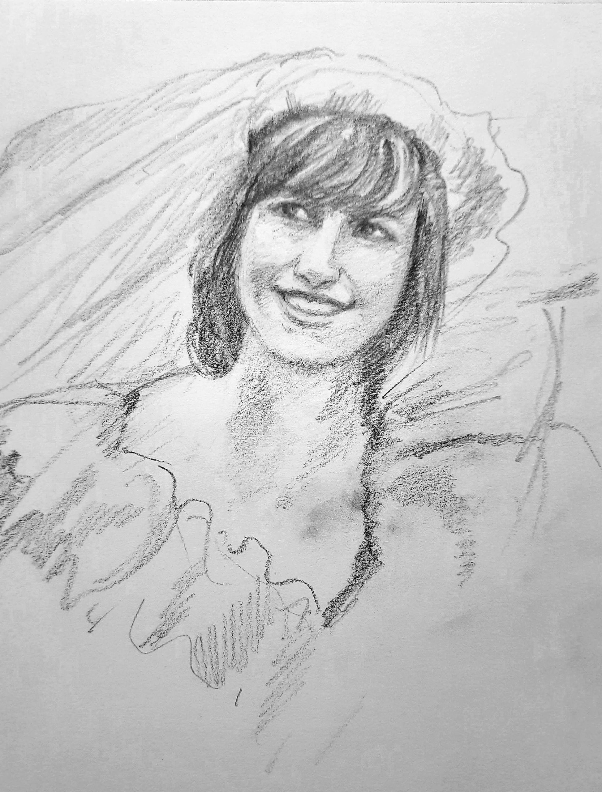 closeup of Happy bride, pencil sketch on paper