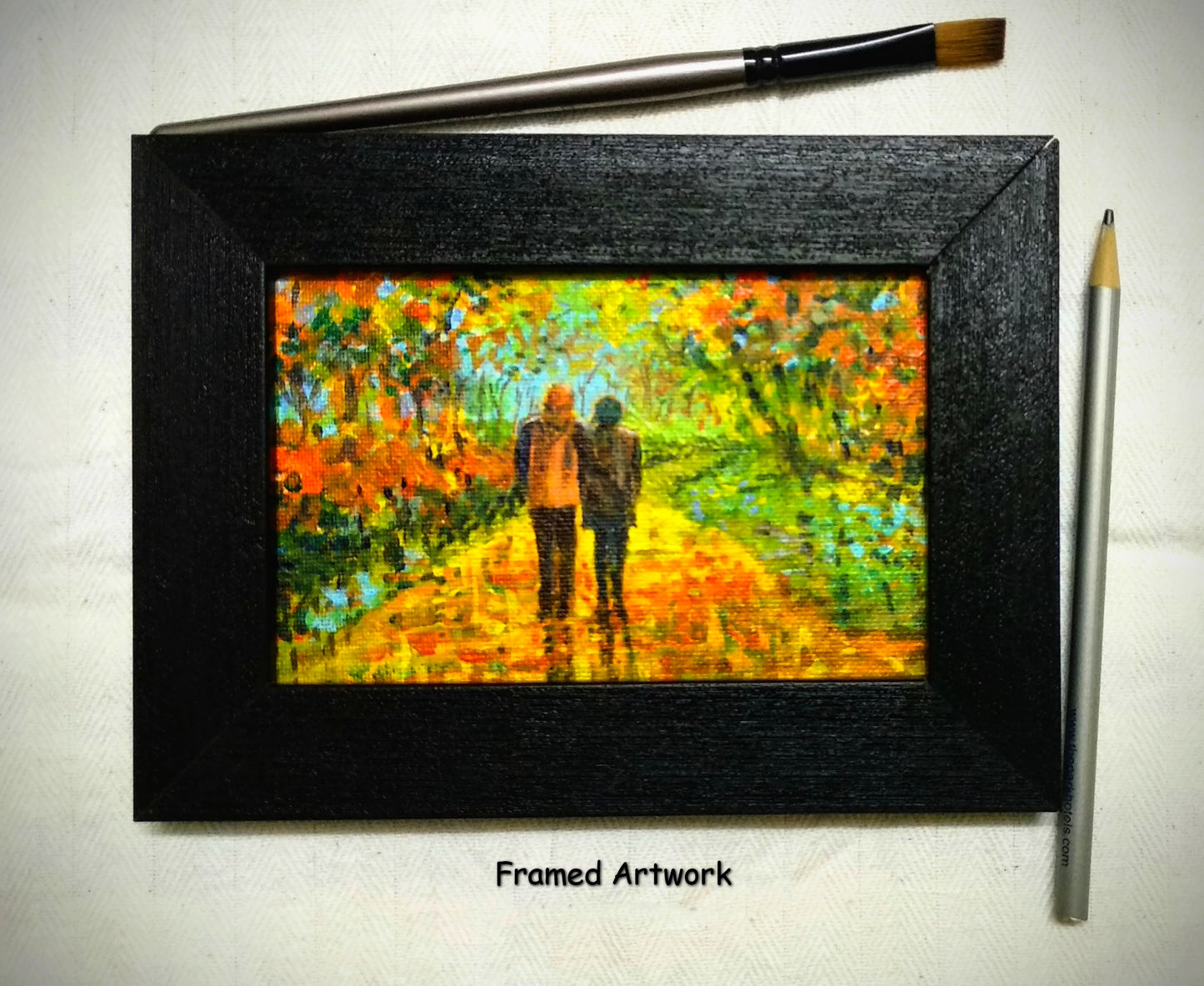 Framed Romantic walk in autumn, Lovers stroll canvas painting