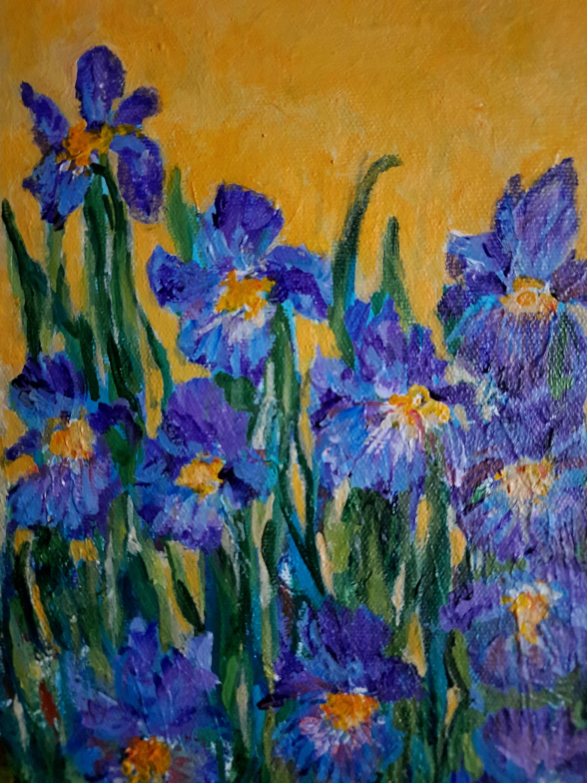 closeup view Garden iris flowers, acrylic painting on canvas panel