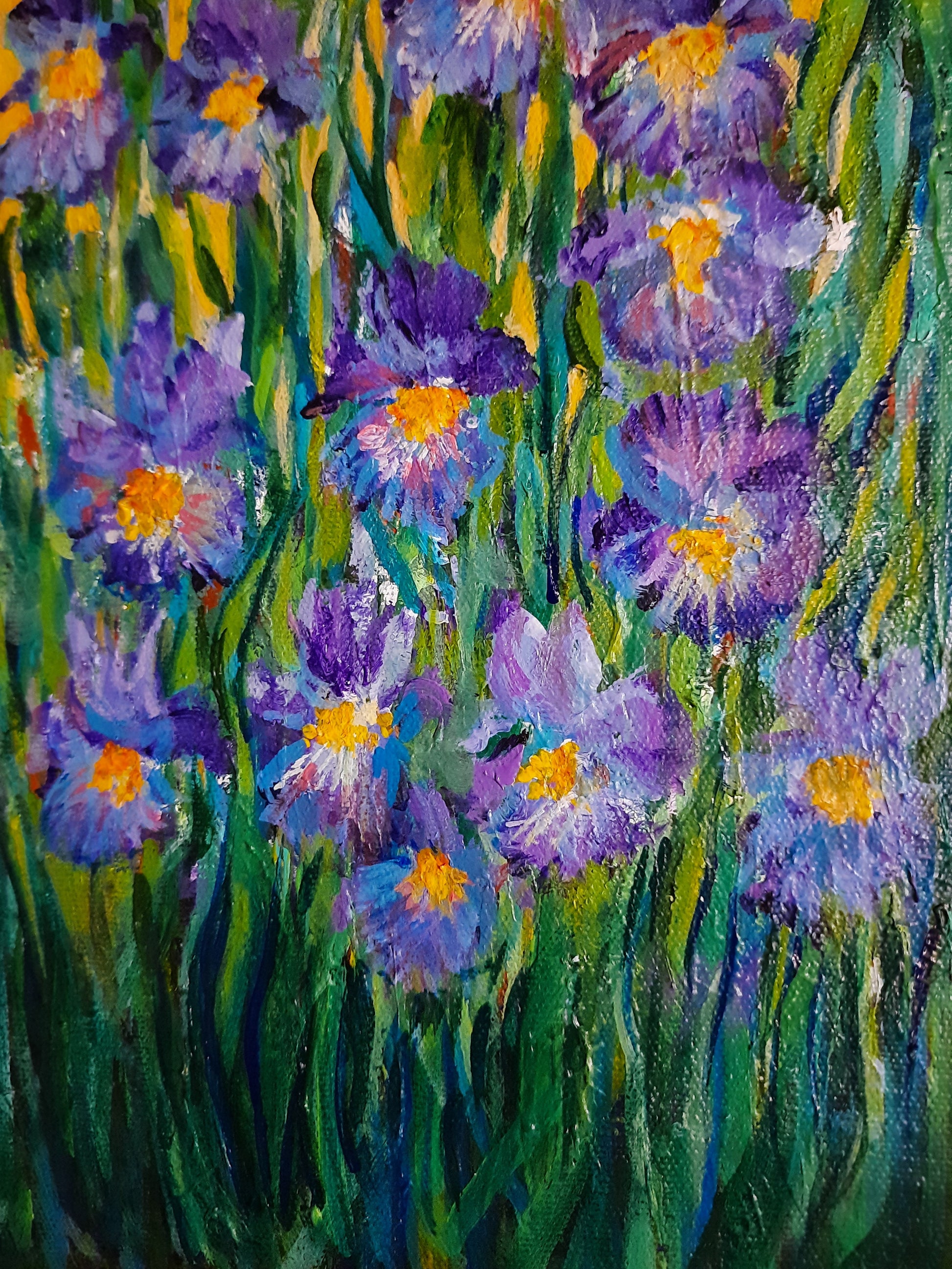 A closeup of Garden iris flowers, acrylic painting on canvas panel