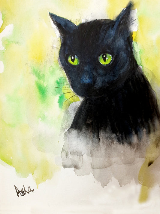 Black cat portrait watercolors