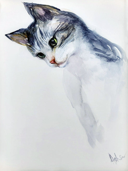 Cat tilting his head - watercolors on paper