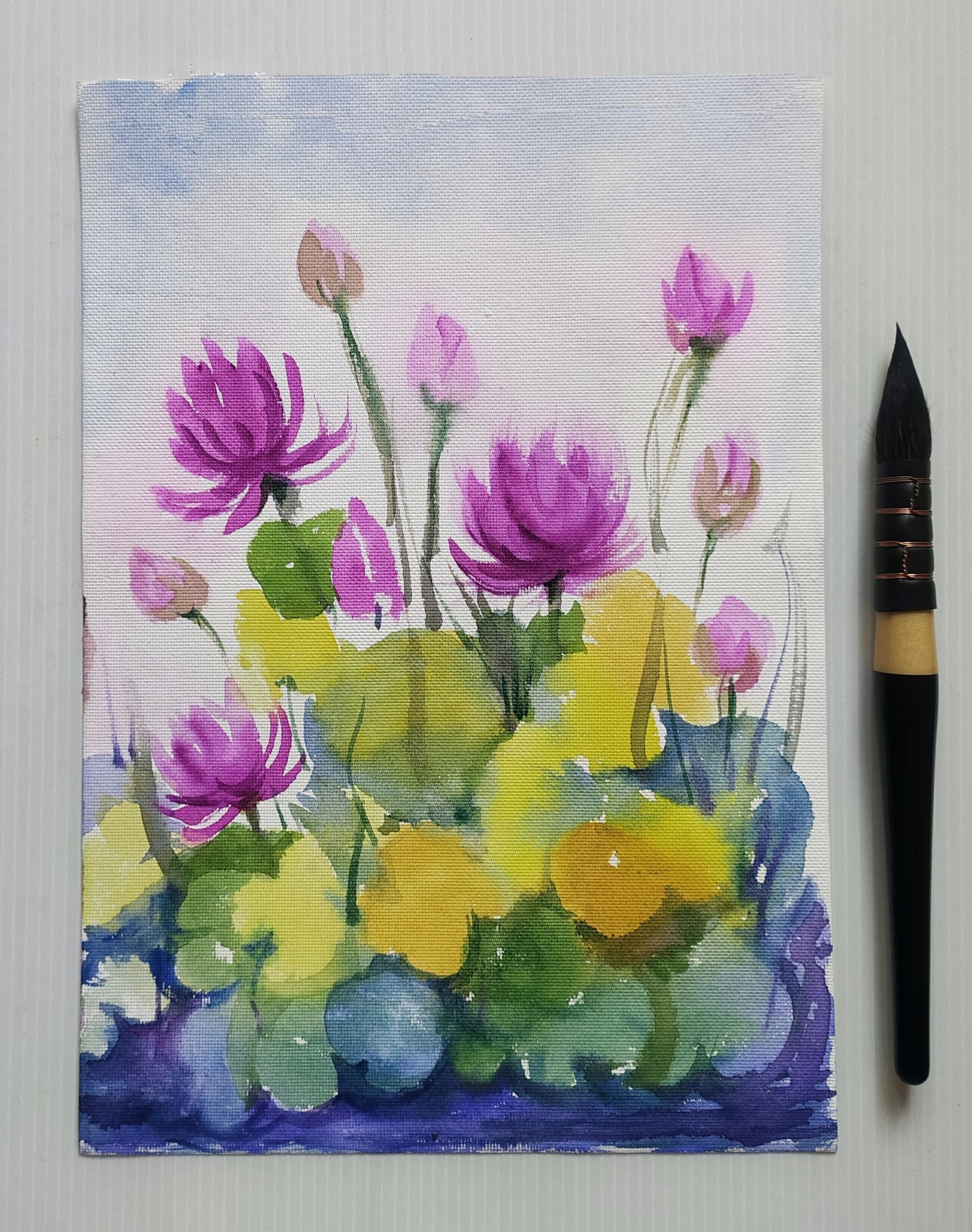 Studio view Magenta water lilies, watercolor painting