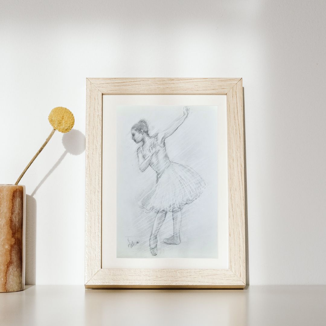 Ballerina pencil drawing in a virtual frame and setup