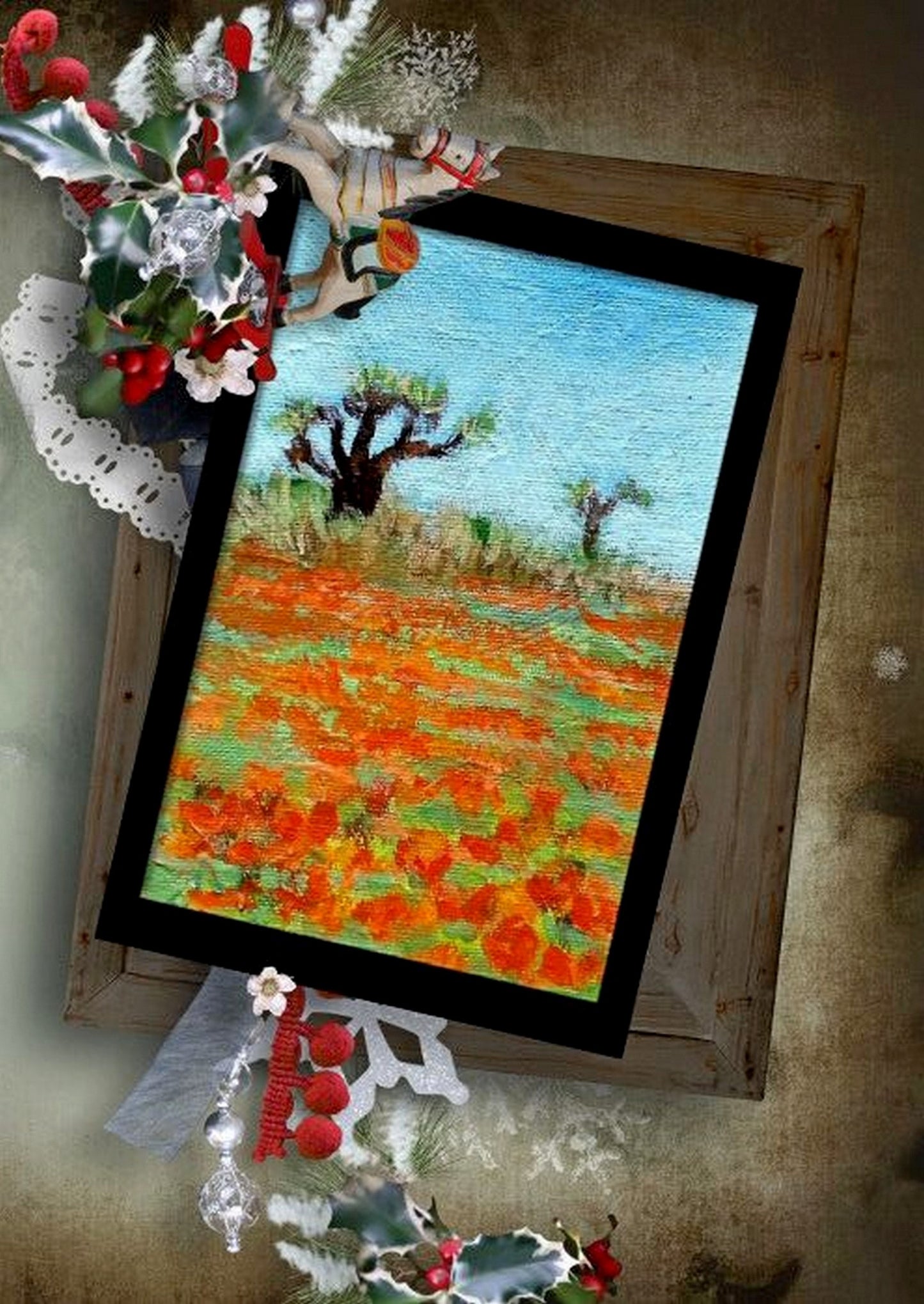 Poppies in the wilderness, Miniature landscape painting on canvas