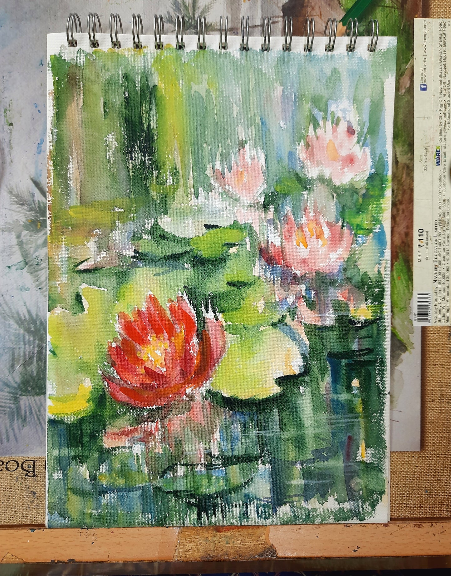 Art mural aquarelle Lotus Pond rouge et rose