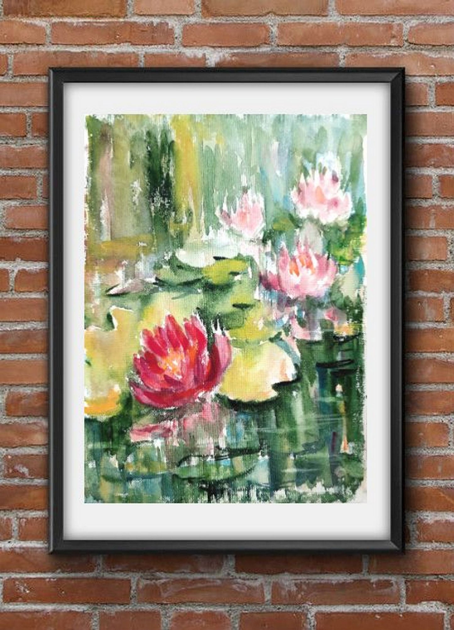 Art mural aquarelle Lotus Pond rouge et rose