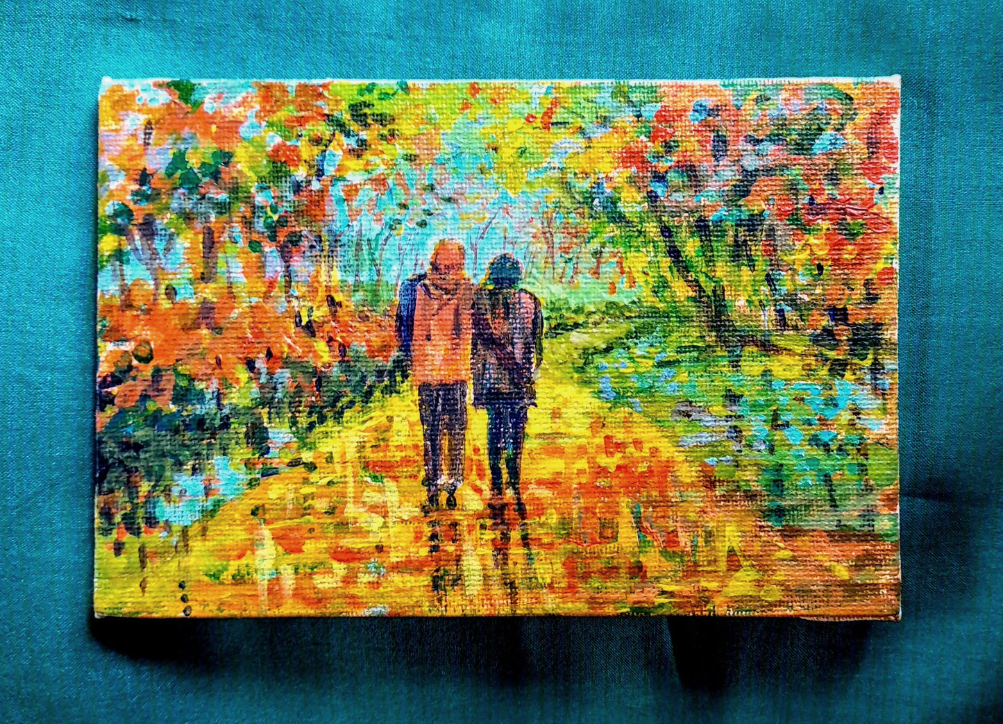 Studio view Romantic walk in autumn, Lovers stroll canvas painting