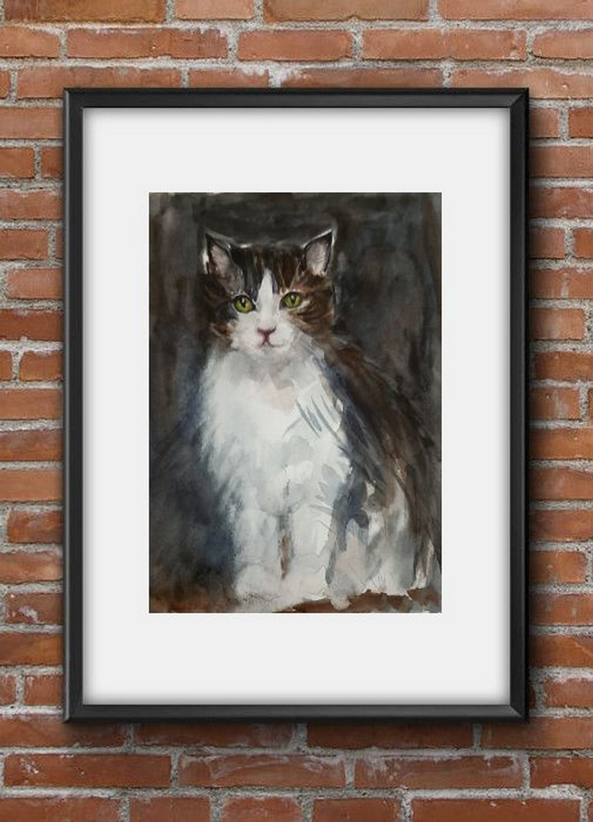 Virtual frame and wall view, The Sober Cat, watercolors on paper
