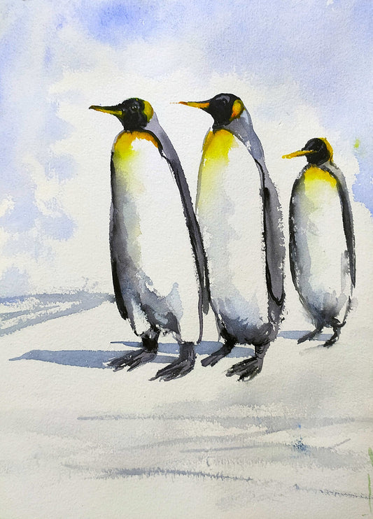 Three Penguins on a morning walk, watercolors on paper