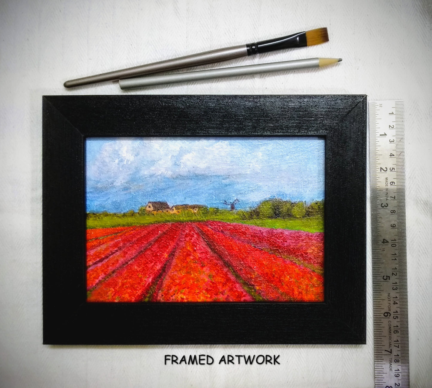 Framed Tulip fields of Holland, Miniature canvas Painting