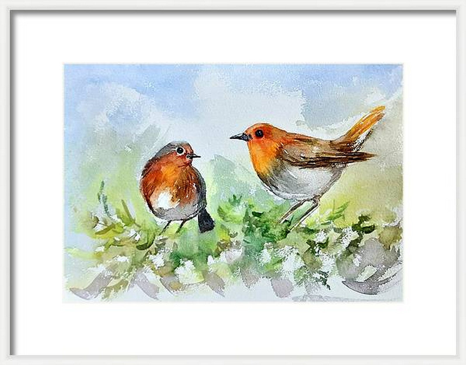 Virtual framed view of Two Cute Robins chatting on a tree, Birds in watercolors