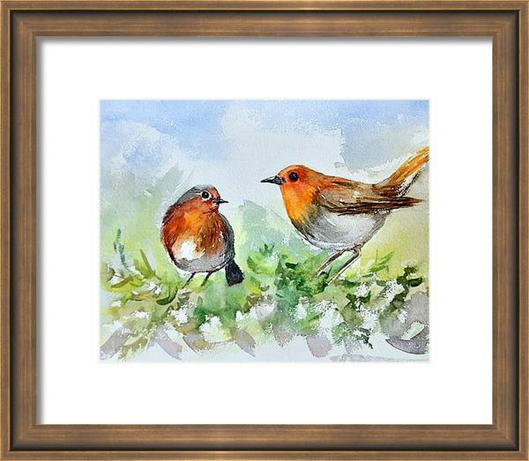 Virtual framed view of Two Cute Robins chatting on a tree, Birds in watercolors