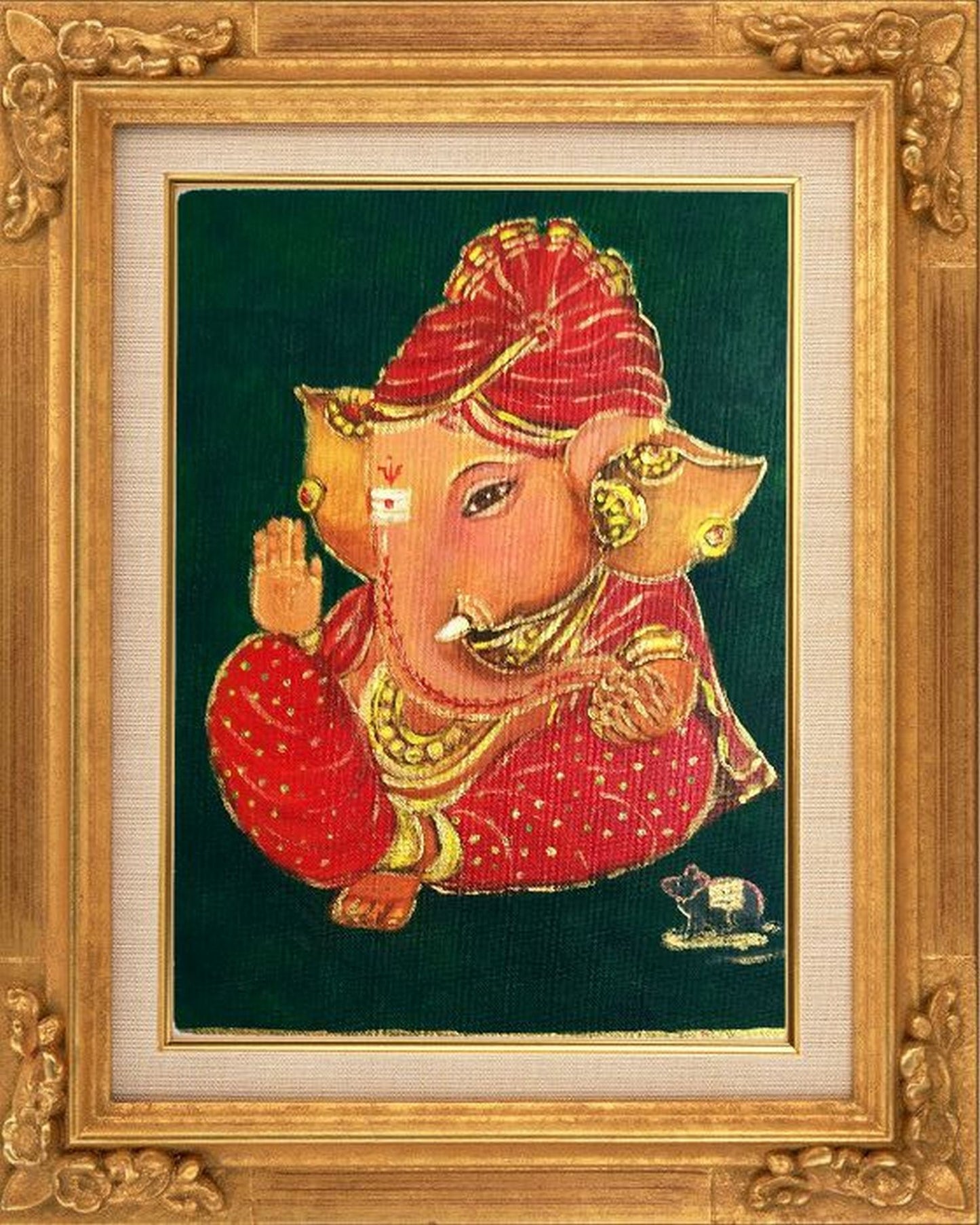 Bébé Ganesha en turban rouge, petit art acrylique sur toile