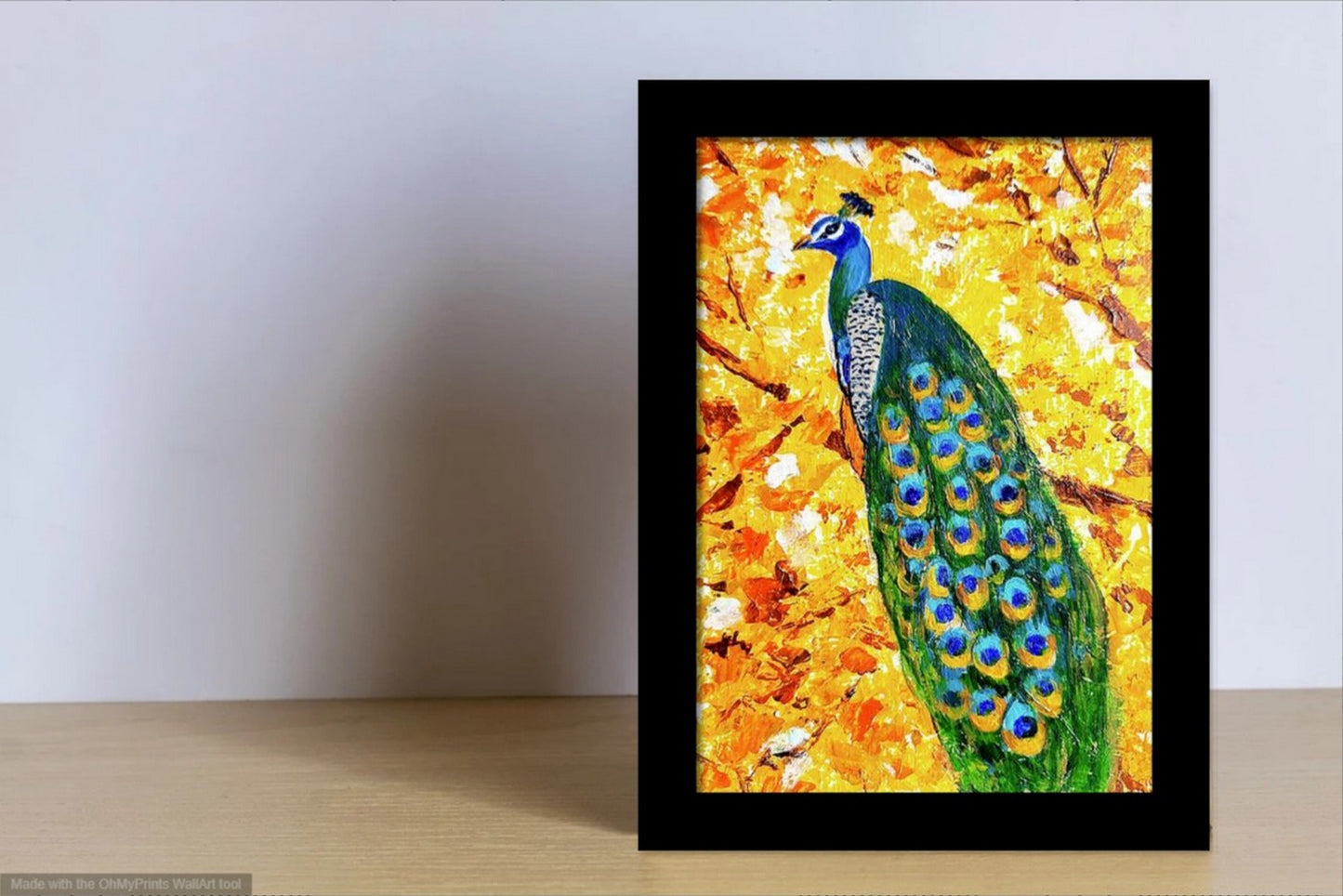 Pavo real en el árbol dorado, arte de pared de lienzo, arte de aves en miniatura