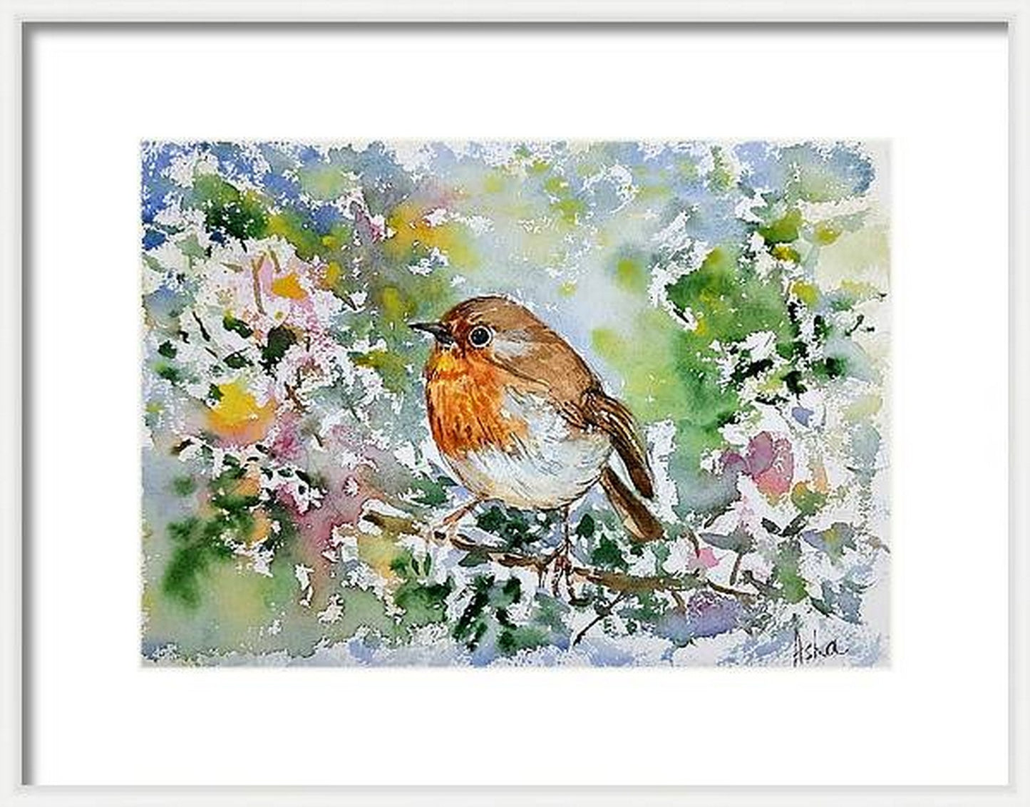 Virtual frame view, Cute Robin on the tree, Bird wall art in watercolors