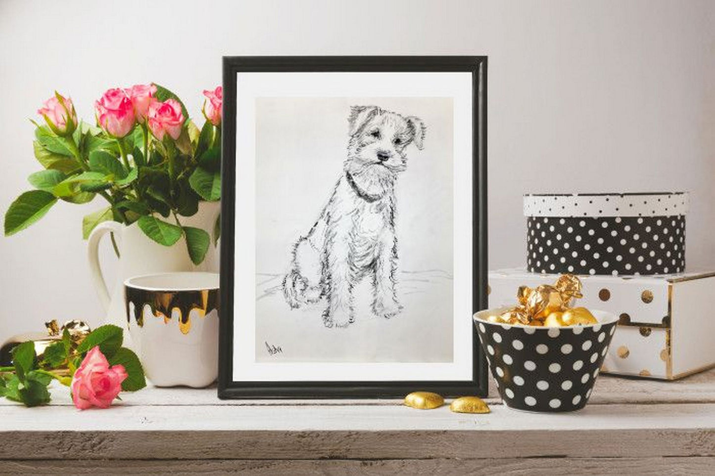 Virtual frame and room view of Wire fox terrier Pencil sketch on paper