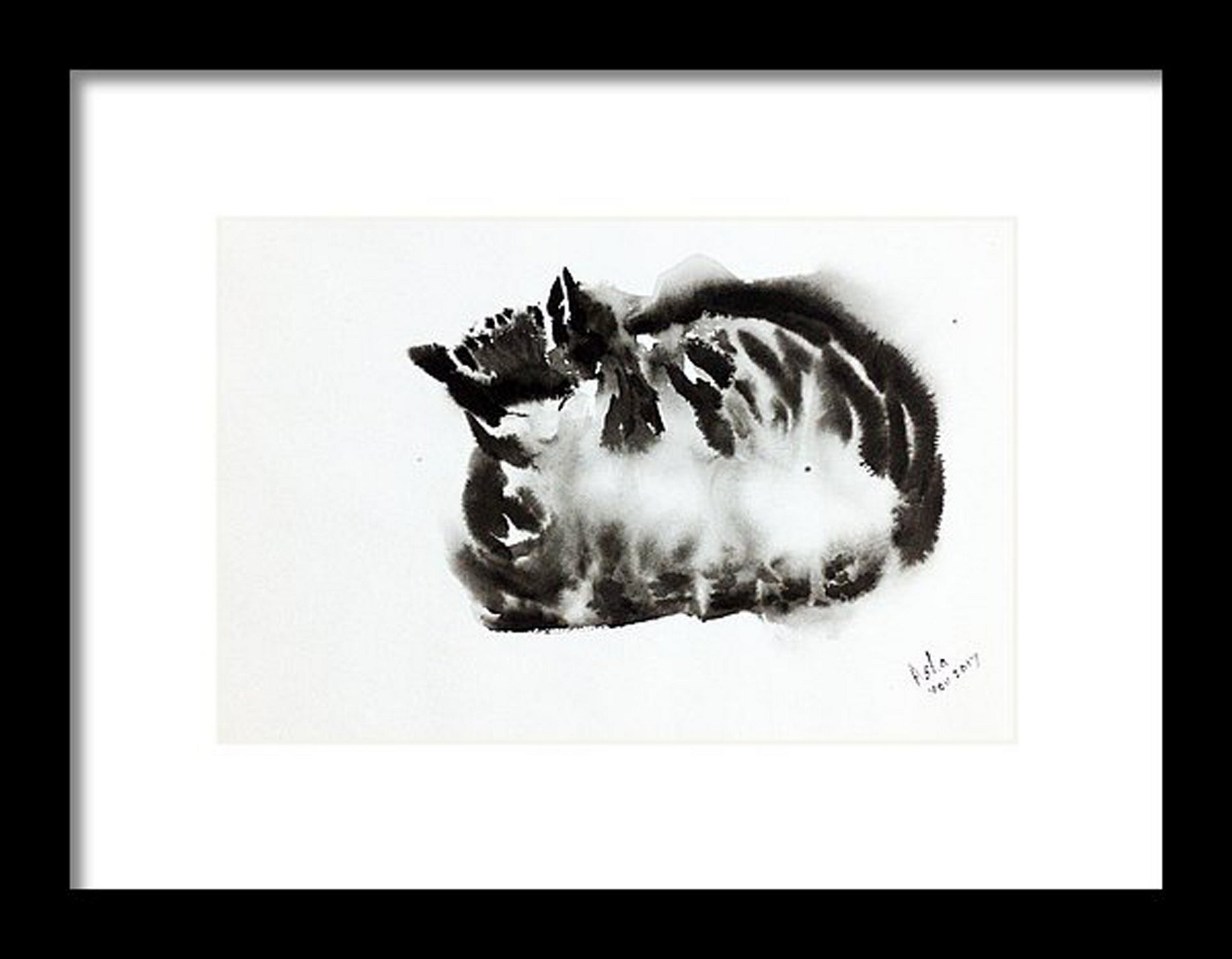 Virtual frame view of Cat nap, ink painting on paper