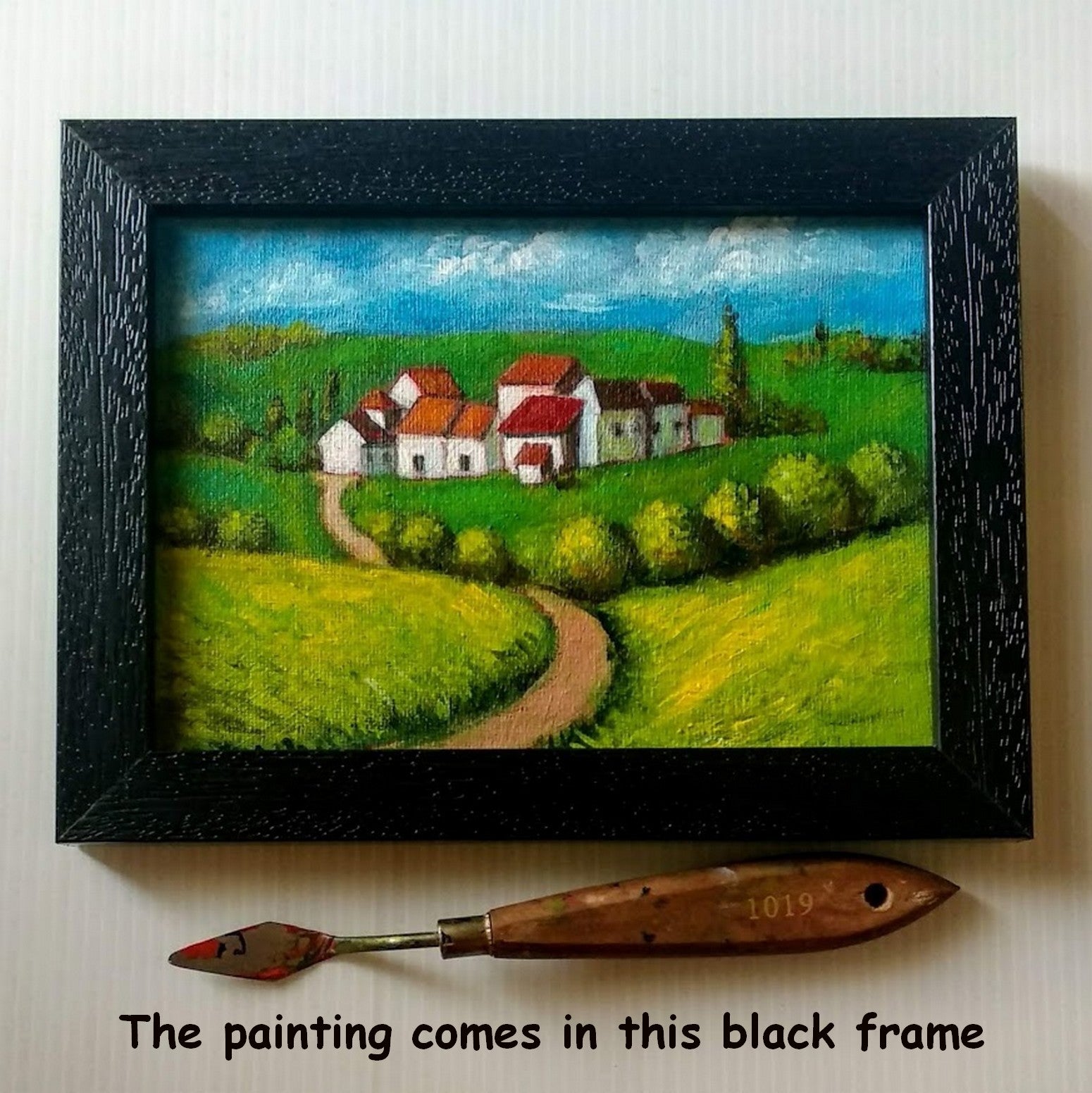 Framed Countryside Cottages, miniature canvas painting with frame