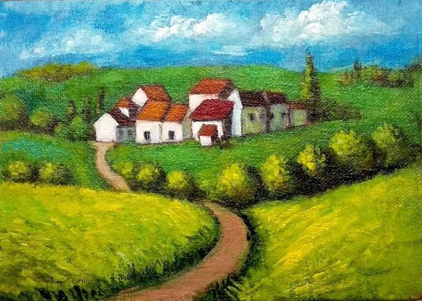 Countryside Cottages, miniature canvas painting with frame