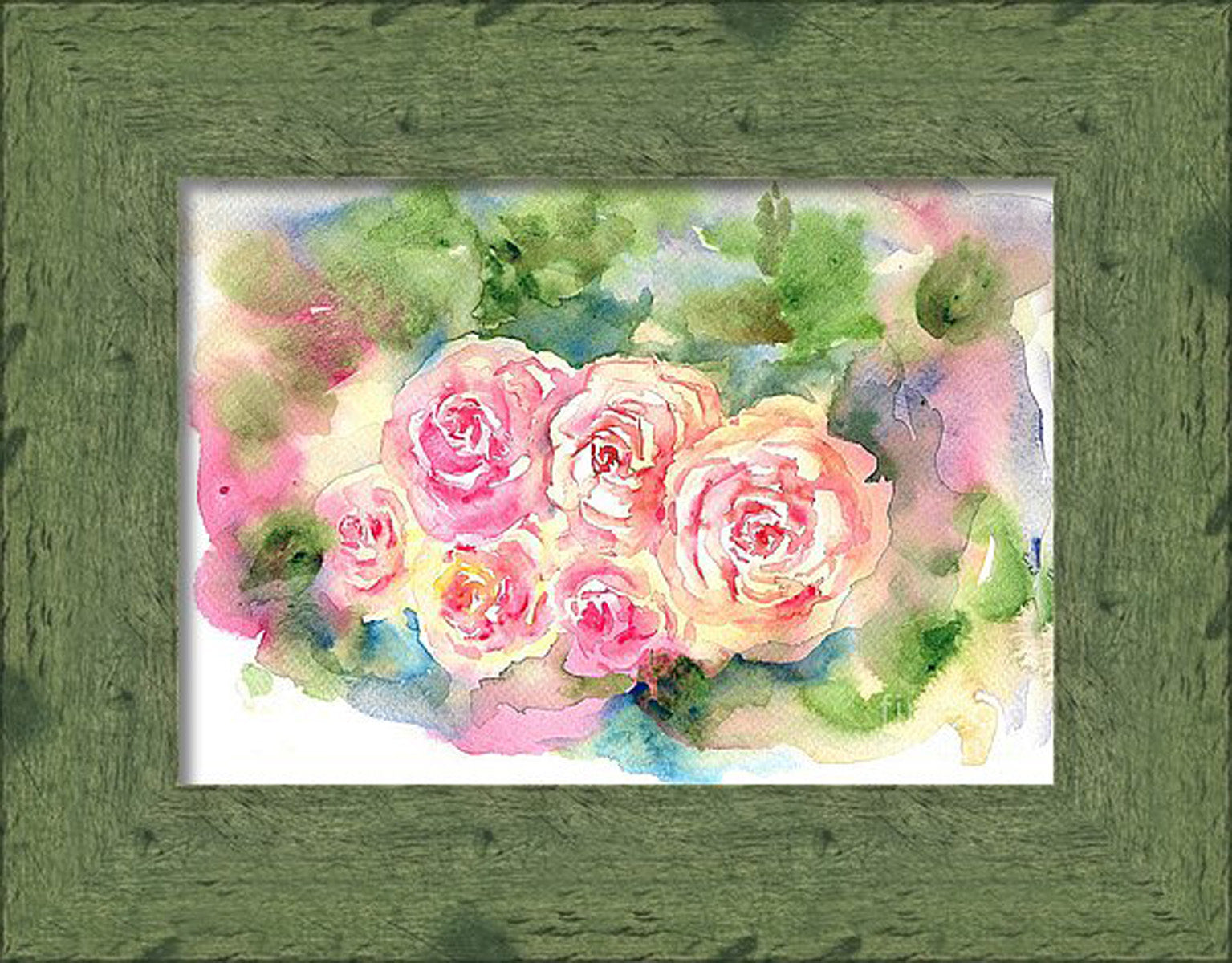 Virtual frame view Pink English Roses, watercolor painting