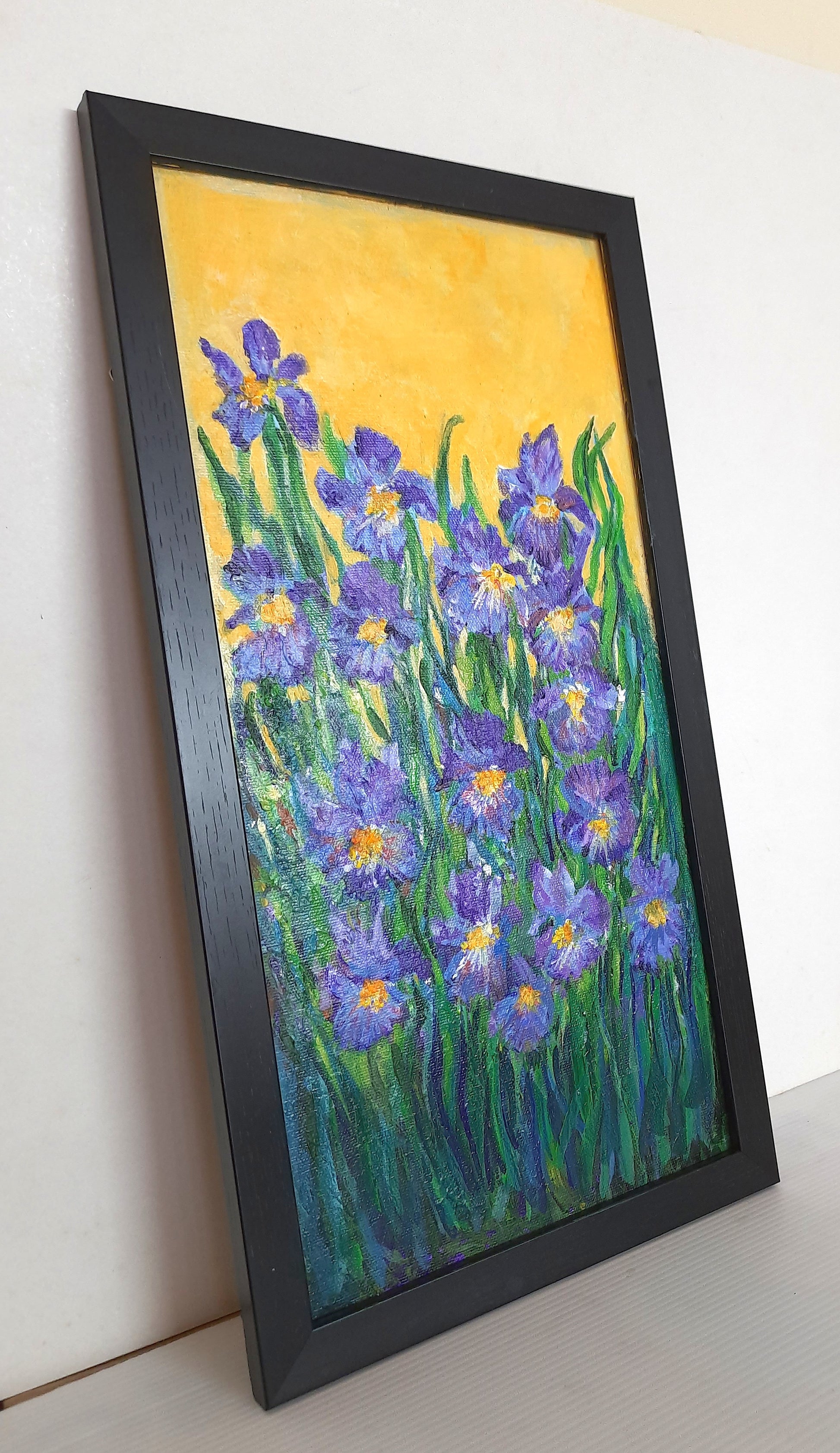 Framed view of Garden iris flowers, acrylic painting on canvas panel