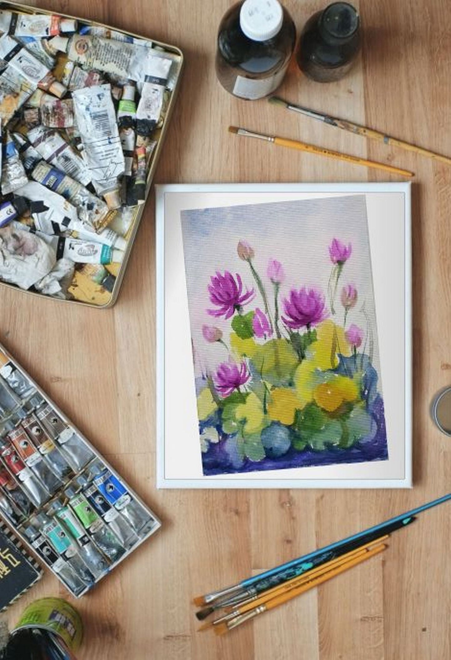 WIP Magenta water lilies, watercolor painting