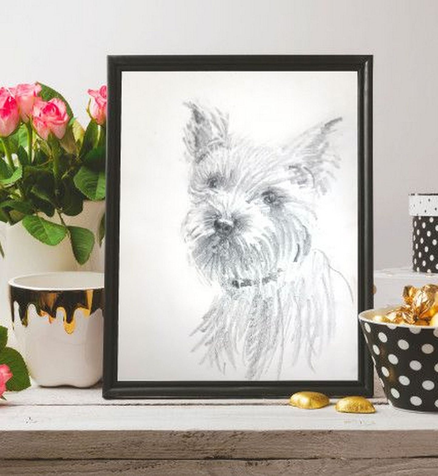 Retrato de mascota Terrier, dibujo a lápiz de perro sobre papel
