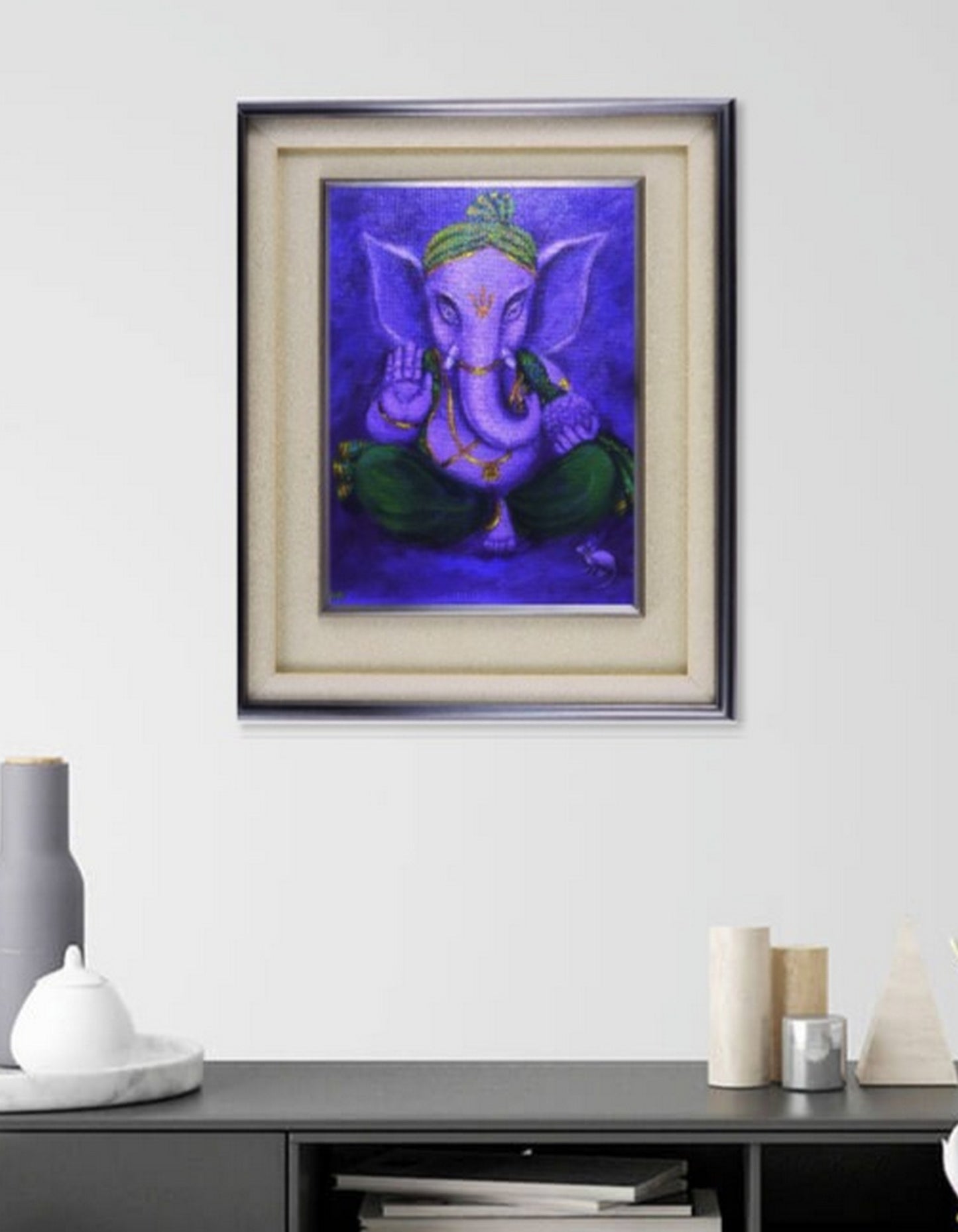Mignon Purple Ganesha le Dieu indien, peinture acrylique sur panneau de toile
